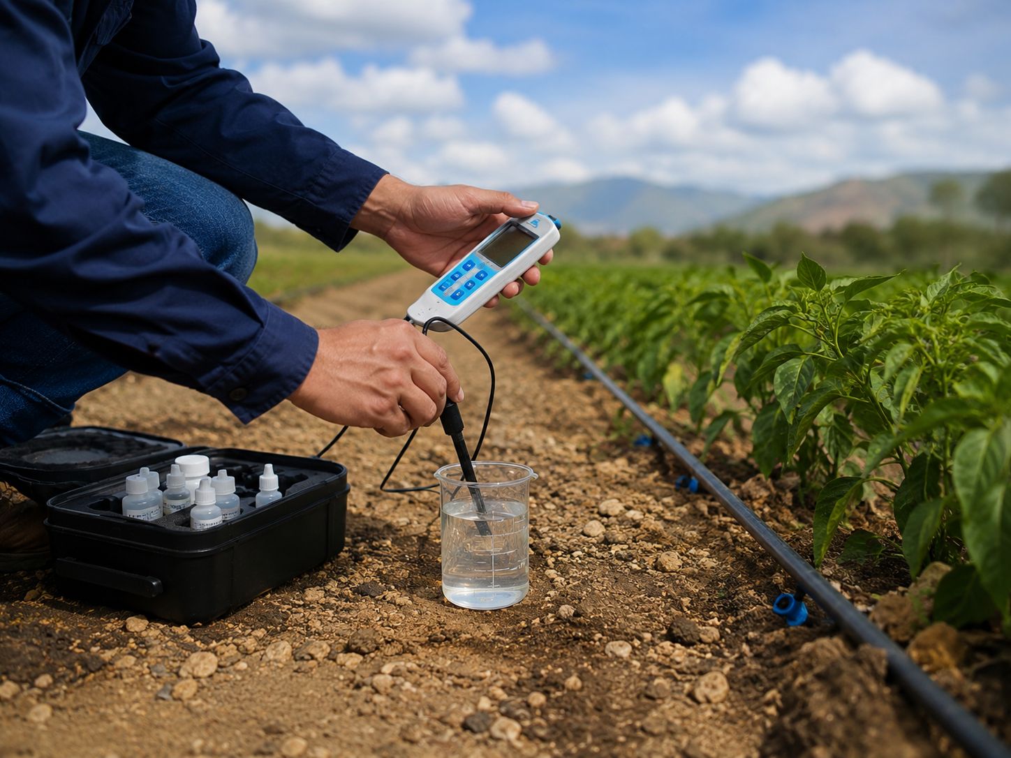 Tecnico midiendo calidad de agua con un instrumento portatil junto a una linea de riego por goteo en cultivo